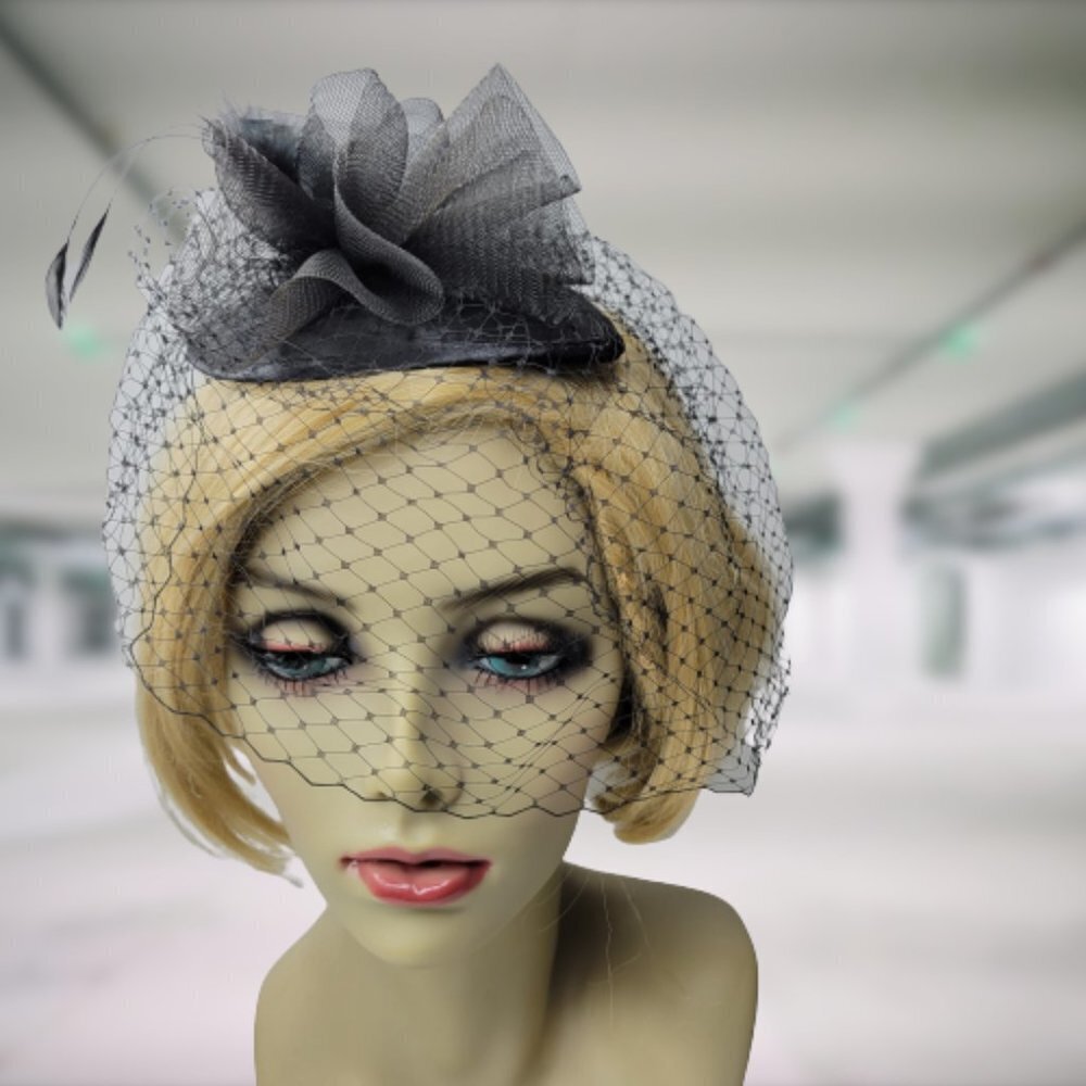 Black Veil Netting Fascinator With Veil Netting, Tulle and Feathers - Picture 2 of 16